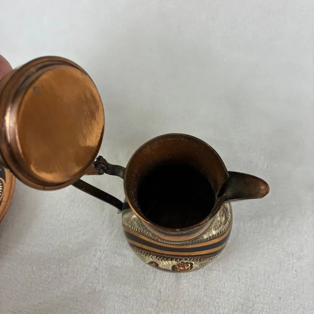 VTG Turkish Dallah Etched Copper Floral Black 2 Pc Set - Coffee Tea Pot Ornate